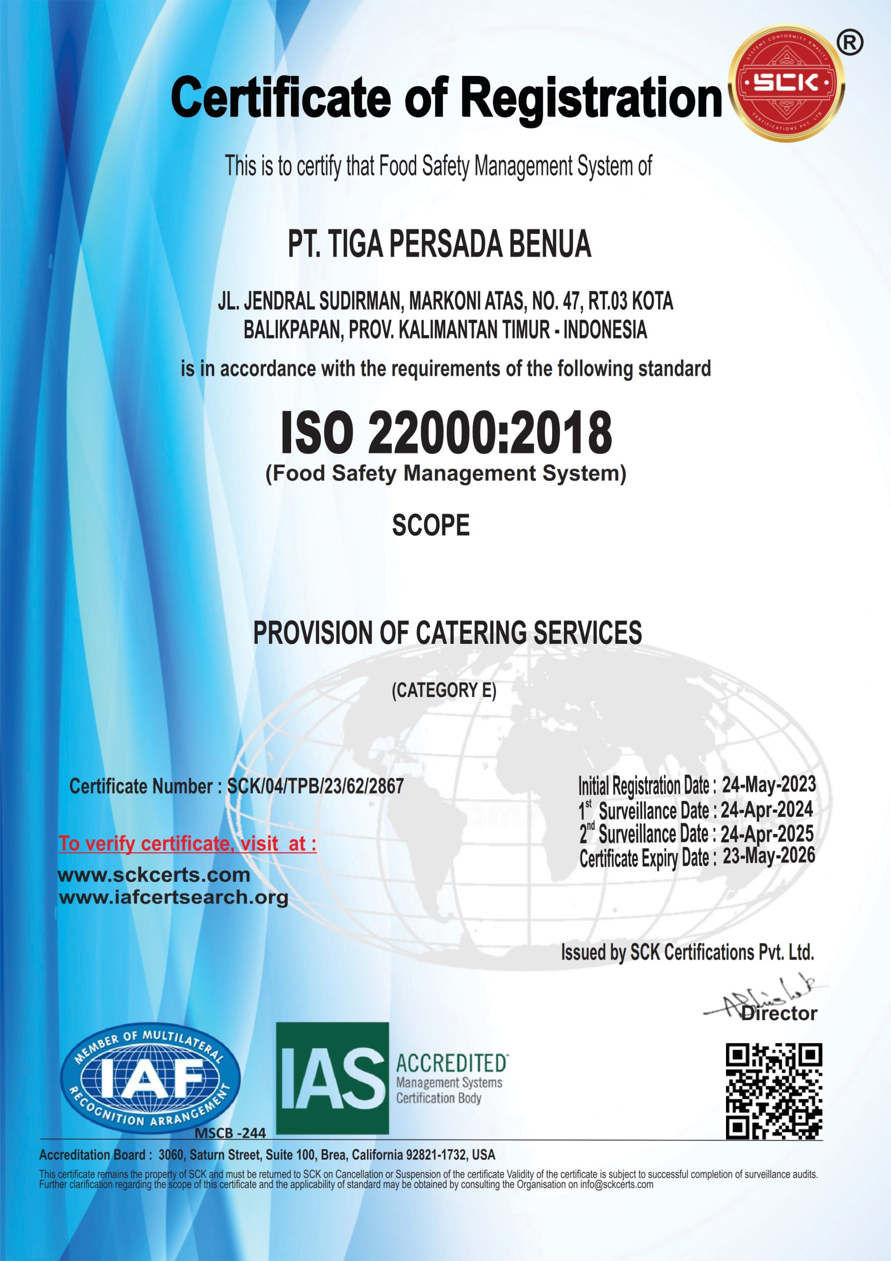 Certificate ISO 22k_2018 PT. Tiga Persada Benuaf_001